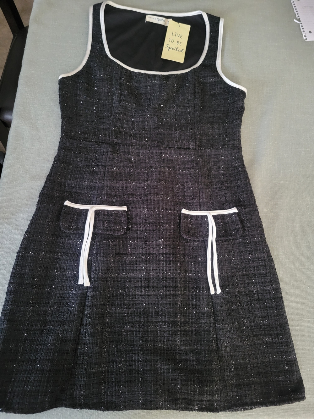 Womens Black Tweed Pocket Dress with White Trim